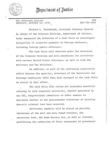 Formation of a task force to investigate allegations of corporate payments to foreign nationals