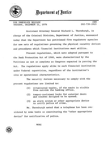 Thornburgh announced the Department has petitioned five regulatory agencies for new sets of regulations governing physical security and procedures