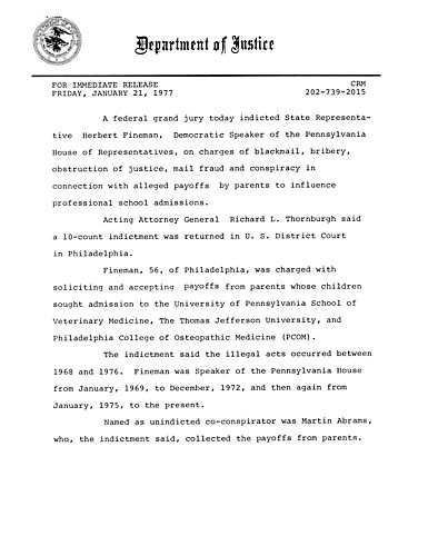 Federal Grand Jury indicted State Representative Herbert Fineman on criminal charges