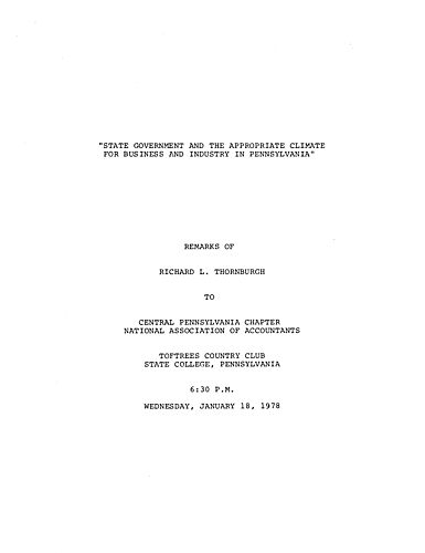 "State Government and the Appropriate Climate for Business and Industry in Pennsylvania," Central Pennsylvania Chapter of National Association of Accountants, State College, PA