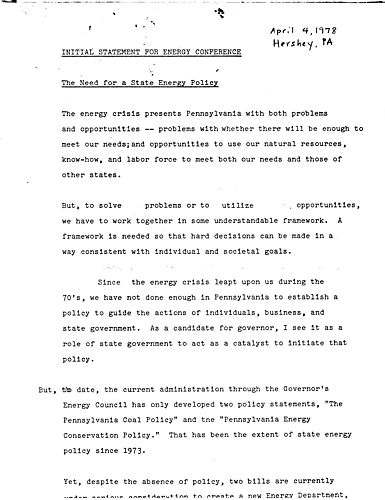 "The Need for a State Energy Policy," Pennsylvania 1978 Consumer's Energy Conference, Hershey, PA
