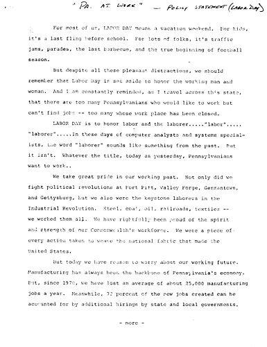 "Pennsylvania At Work: A Labor Day Policy Statement"