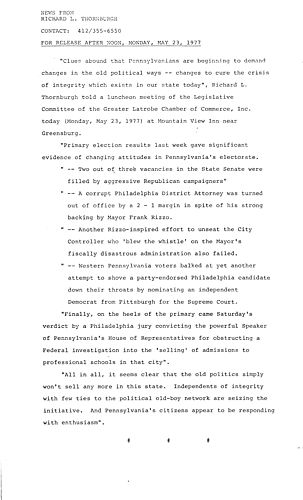 Pennsylvanians are beginning to demand changes in old political ways, Legislative Committee of Greater Latrobe Chamber of Commerce