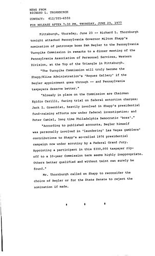 Attack on Shapp's nomination of Begler to PA Turnpike Commission, PA Association of Personnel Services