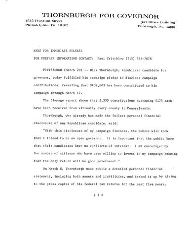 Fulfilled his campaign pledge to disclose campaign contributions, revealing that $409,803 has been contributed to his campaign through March 17