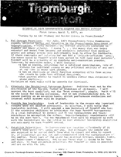 Summary of Dick Thornburgh's Highway and Bridge Program: "Facing Up to the Highway and Bridge Crisis in PA"