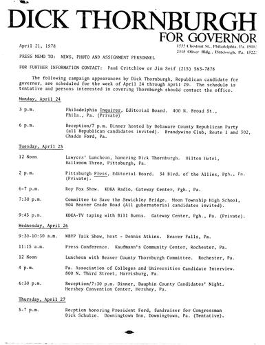 Schedule of campaign appearances for week of April 24 through April 29, 1978