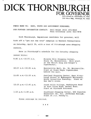 Will kick off a "get out the vote" campaign in Western PA on April 29 with a tour of Pittsburgh's area shopping centers