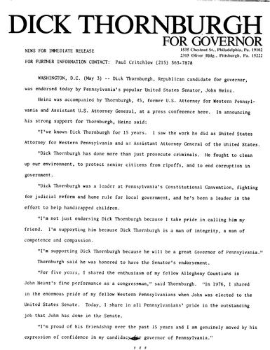 Was endorsed by U.S. Senator John Heinz, Washington DC May 3, 1978