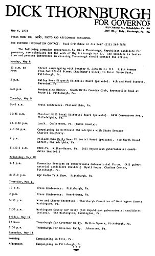 Schedule of campaign appearances for the week of May 8 through May 13