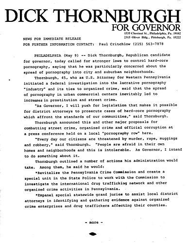 Called for stronger laws to control hardcore pornography, Philadelphia, PA