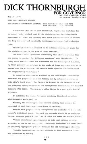 Pledged that in his administration, the PA Department of Labor and Industry will exert greater efforts to counsel and help mentally and physically handicapped citizens find productive jobs, Pittsburgh, PA