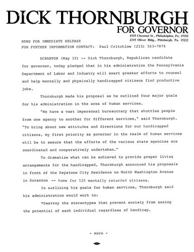 Pledged that in his administration, the PA Department of Labor and Industry will exert greater efforts to counsel and help mentally and physically handicapped citizens find productive jobs, Scranton, PA