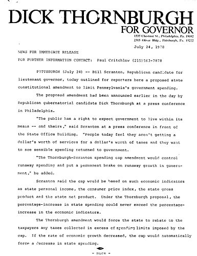 Thornburgh-Scranton propose a state constitutional amendment to limit PA's government spending (Spending Cap Amendment), Pittsburgh, PA