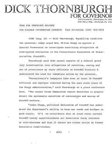 Urged Governor Shapp to appoint a Special Prosecutor to investigate alleged widespread corruption in PennDOT, York, PA