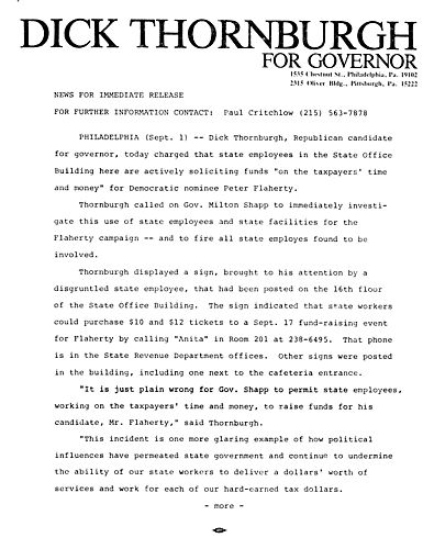 Release on Flaherty fundraising in the State Office Building, Philadelphia, PA