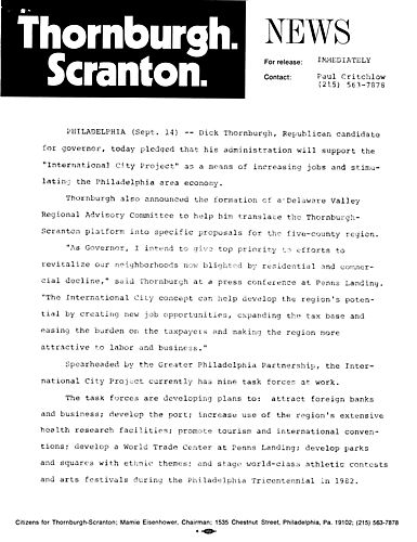 Release on "International City" and Delaware Valley Regional Advisory Committee, Philadelphia, PA