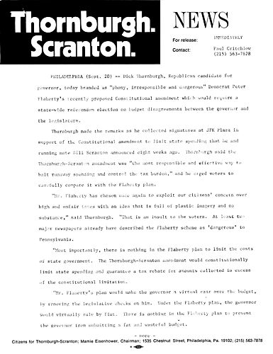 Branded Flaherty's proposed Constitutional amendment requiring referendum on budget disagreements as "phony, irresponsible and dangerous," Philadelphia, PA
