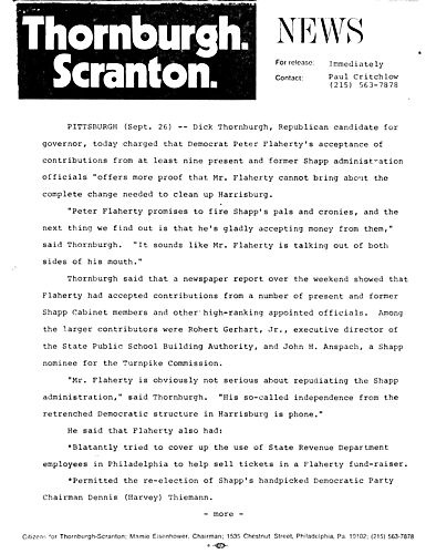 Thornburgh charged that Flaherty's acceptance of contributions from present and former Shapp administration officials discredit his ability to clean up Harrisburg