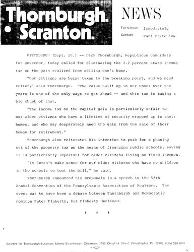 Called for elimination of 2.2 percent state income tax on the gain realized from selling one's home, Pittsburgh, PA