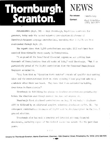 Second voluntary pre-election disclosure of Thornburgh-Scranton campaign contributions, Philadelphia, PA