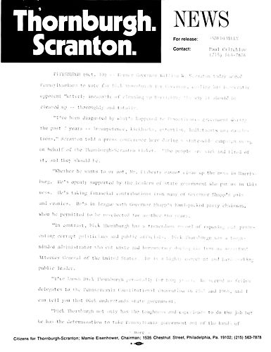 Former Governor William W. Scranton urged a vote for Dick Thornburgh, calling his Democratic opponent "utterly incapable of cleaning up Harrisburg," Pittsburgh, PA