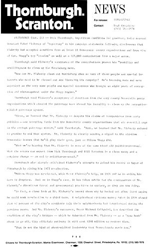 Accused Flaherty of "hypocrisy" in campaign statements following disclosures that he accepted donations from at least 11 Democratic county organizations, nine of Shapp's top "cronies" and $25,000 from a major union