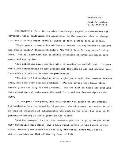 Reaffirmed his opposition to proposed charter change in Philadelphia, Philadelphia, PA