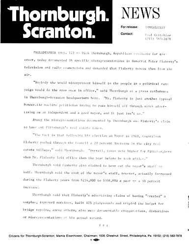 Documented misrepresentations in Flaherty's television and radio commercials and demanded that Flaherty remove them from the air, Philadelphia, PA
