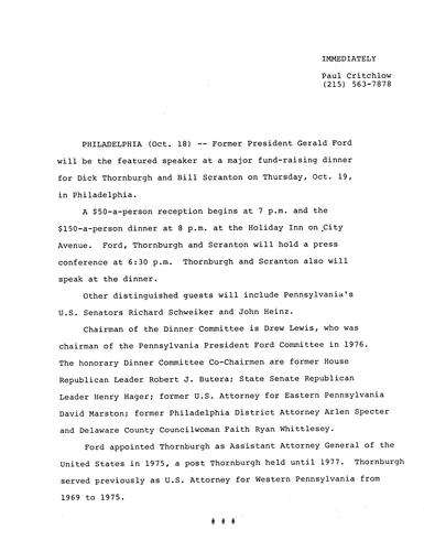 Former President Gerald Ford will speak at fundraising dinner for Thornburgh and Scranton on October 19 in Philadelphia, PA