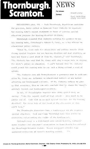 Called on Flaherty to repudiate his running mate's recent statement in favor of cutting special education programs for hearing disabled children, Philadelphia, PA