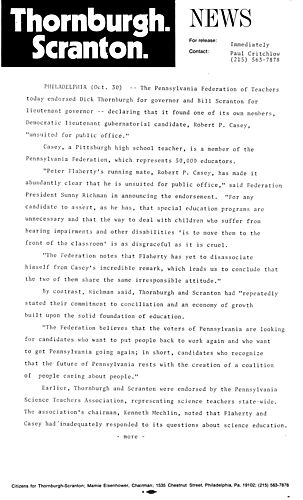 PA Federation of Teachers endorsed Thornburgh and Scranton, Philadelphia, PA