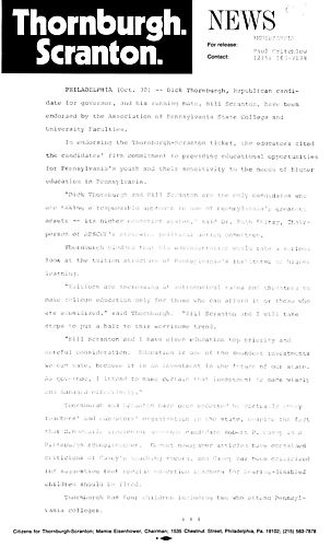Thornburgh-Scranton was endorsed by the Association of PA State College and University Faculties, Philadelphia, PA