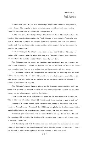 Released campaign's third voluntary, pre-election disclosure showing contributions of $1,289,266 through October 31st, Philadelphia, PA