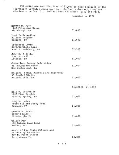 Released contributions of $1,000 or more received by the Thornburgh-Scranton campaign since the last voluntary, complete disclosure on October 31