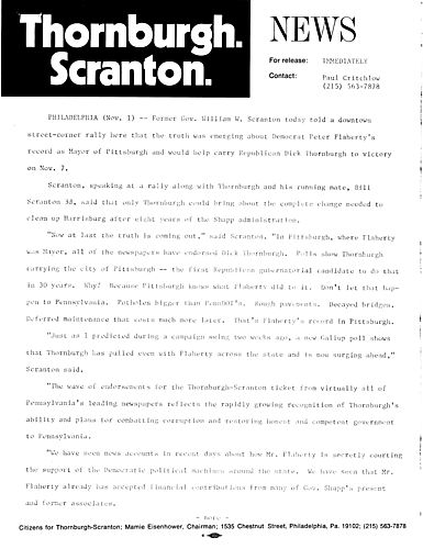 Former Governor Scranton told rally that the truth was emerging about Flaherty's record as Mayor of Pittsburgh and would help carry Thornburgh to victory, Philadelphia, PA
