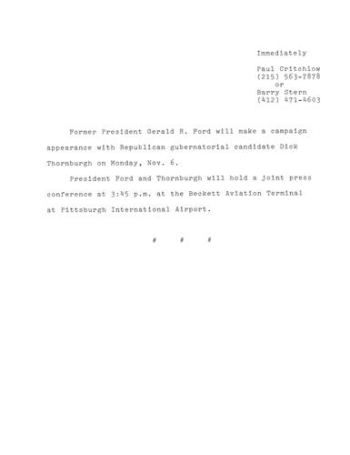 Former President Gerald R. Ford will make a campaign appearance with Thornburgh on November 6