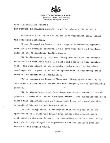 Statement regarding Gov. Shapp's last-minute appointment of Domenick Iannarelli to a five-year term as President Judge of the Philadelphia Traffic Court, Pittsburgh, PA
