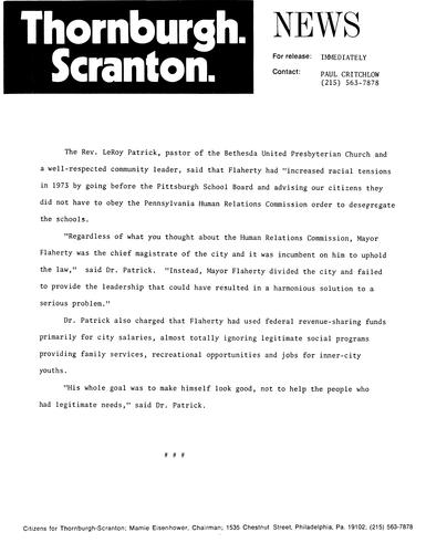 LeRoy Patrick, pastor at Bethesda United Presbyterian Church, said Flaherty "increased racial tensions in 1973 by advising citizens they did not have to obey PA Human Relations Commission order to desegregate schools",