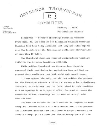 Governor Thornburgh Committee announced that they filed reports reflecting contributions of more than $840,000