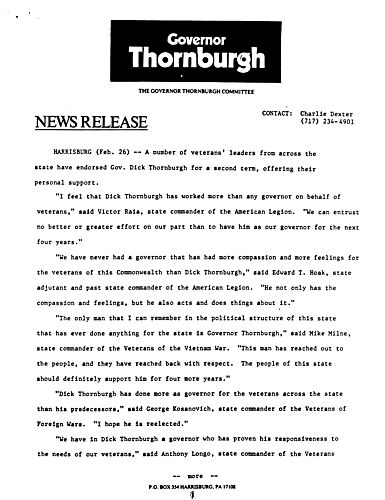 A number of veterans' leaders from across the state have endorsed Thornburgh for a second term, offering their personal support