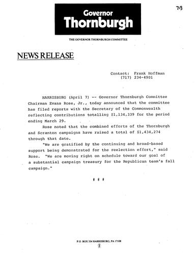 Governor Thornburgh Committee announced that they filed reports reflecting contributions of more than $1,134,339 for period ending March 29