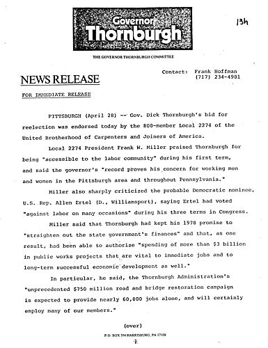 Thornburgh's bid for reelection was endorsed by the 800-member Local 2274 of the United Brotherhood of Carpenters and Joiners of America