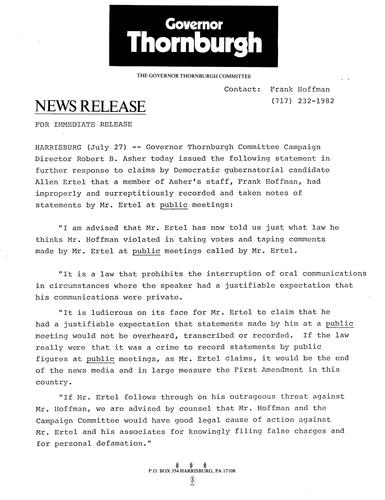 Further response to claims by Ertel that member of Asher's staff, Frank Hoffman, improperly recorded and took notes of statements by Ertel at public meeting