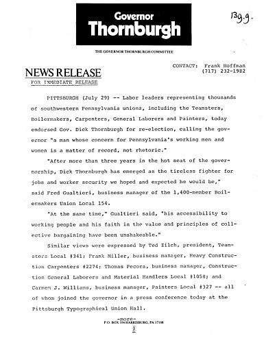 Labor Leaders representing thousands of members of southwestern PA unions, including the Teamsters, Boilermakers, Carpenters, Printing Trades, General Laborers and Painters, today endorsed Thornburgh for reelection