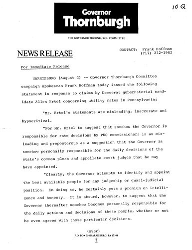 Statement in response to claims by Democrat gubernatorial candidate Allen Ertel concerning utility rates in PA