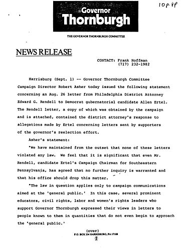 Statement concerning Aug. 26 letter from Philadelphia District Attorney Rendell to Democrat gubernatorial candidate Allen Ertel with his response to allegations made by Ertel about letters sent by supporters of governor's reelection effort