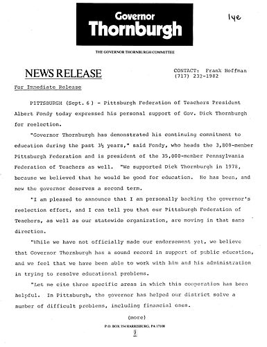 Pittsburgh Federation of Teachers President Albert Fondy expressed his personal support of Thornburgh for Reelection