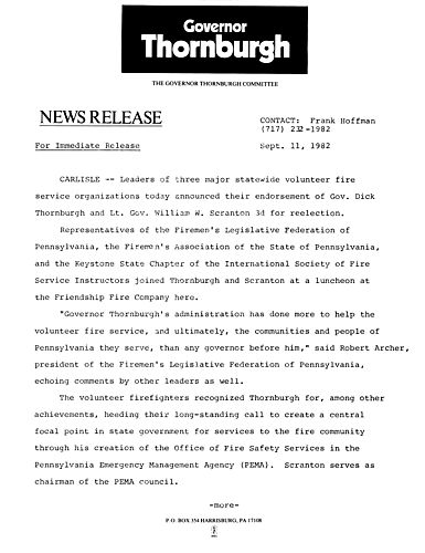 Leaders of three major statewide volunteer fire service organizations announced their endorsement of Thornburgh and Scranton for reelection