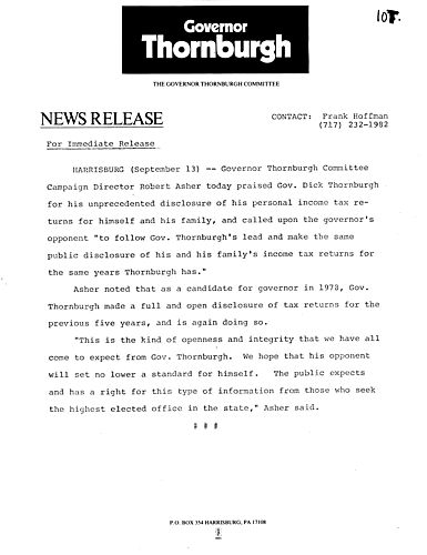 Thornburgh praised for his unprecedented disclosure of his personal income tax returns for himself and his family and called upon the governor's opponent to do the same